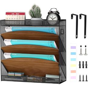 Wall File Organizer, Wood Wall File Holder, 7 Tier Vertical Hanging Wall File Organizer, 5 Pockets Wall Mount File Holder with Top and Bottom Flat Tray for Office School Home, Black