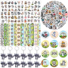 98 PCS Raccoon Party Favors, Raccoon Temporary Tattoos Slap Bracelets Keychains Stickers Badges for Woodland Raccoon Birthday Party Decorations Supplies Gifts for Kids Boys Girls Classroom Rewards