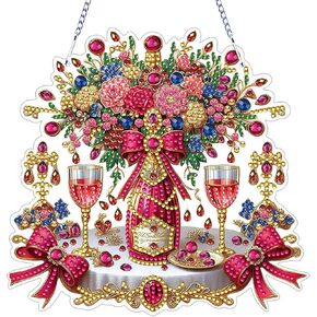 VODAPYC Rose Wine Diamond Painting Acrylic Hanging Kits for Adults, DIY Double Sided Special Shaped Diamonds Art Window Pendant Ornament for Home Decor(Flower Wine)