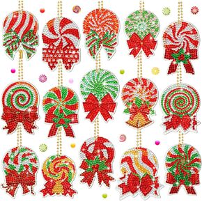 15 Pieces Christmas Diamond Painting Keychain Diamond Painting Ornaments 5D DIY Diamond Painting Keychain Hot Cocoa Christmas Diamond Art Ornaments for Kids Christmas DIY Crafts (Candy)