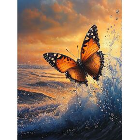 Zariocy 5D Diamond Art Kits for Adults Butterfly, DIY Diamond Painting Art Seaside Round Full Drill Crystal Diamond Embroidery Paintings Arts Craft for Home Office Wall Decor 12x16 inch