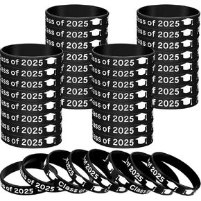 Skylety 48 Pcs Class of 2025 Silicone Wristbands Graduation Rubber Bracelets Black Graduation Wristbands for Elder Graduating in College University Graduation Party Supply