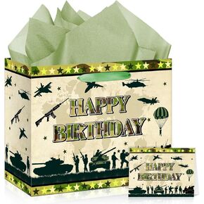 Camouflage Birthday Gift Bag Army Party Supplies Gift Bag with Wrapping Paper and Card Large Camouflage Christmas Birthday Party Wrapping Paper Bag with Handle Army Camo Party Decorations for Boy Girl
