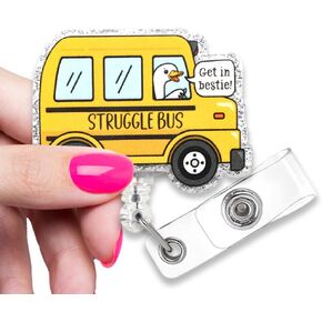 Cute Struggle Bus Glitter Badge Reel, Retractable Nurse Office Identity Job ID, Funny Bus Badge Reel for Doctors Nurses School Bus Drivers Medical Office Workers
