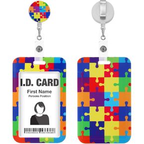 Giantree Heavy-Duty Badge Holder with Retractable Reel Clip, Autism Awareness ID Badge Holder with Carabiner Clip Vertical Card Tag Badge Protector Cover for Work Office Nurse Teacher Women Men