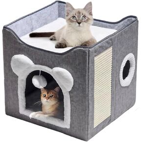 Cat Bed for Indoor Cats - Large Foldable Cat Cave for Pet, Cat House with Scratch Pad & Round Window & Fluffy Hanging Ball, Covered Cat Hideaway, 15x15x15 inches (Grey, 15" D x 15" W x 15" H)