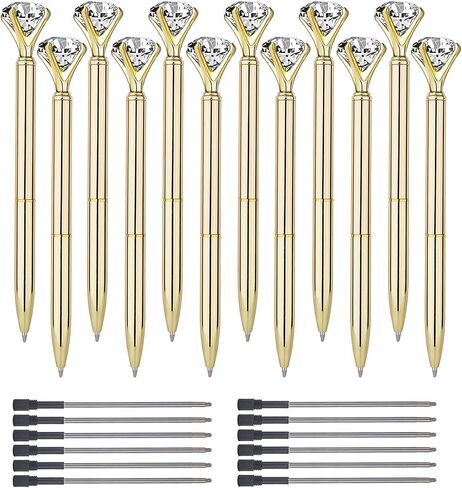 Diamond Pens Metal Ballpoint Pen with Big Diamonds on Top,Fun Fancy Crystal Diamond Pen Bling Diamond Ballpoint Pens Rose Gold Pens for Women Girls Wedding School Ofiice （12pack Gold in Saudi Arabia