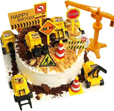 18 PCS كعكة البناء أقطار أعلى مركبات كعكة الديكور مجموعة حفارة برج الرافعة كب كيك Topper Traffer و Sign Sign Decor in Kuwait