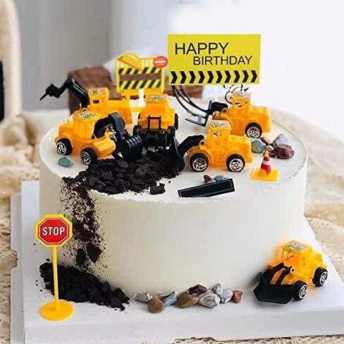 18 PCS كعكة البناء أقطار أعلى مركبات كعكة الديكور مجموعة حفارة برج الرافعة كب كيك Topper Traffer و Sign Sign Decor in Kuwait