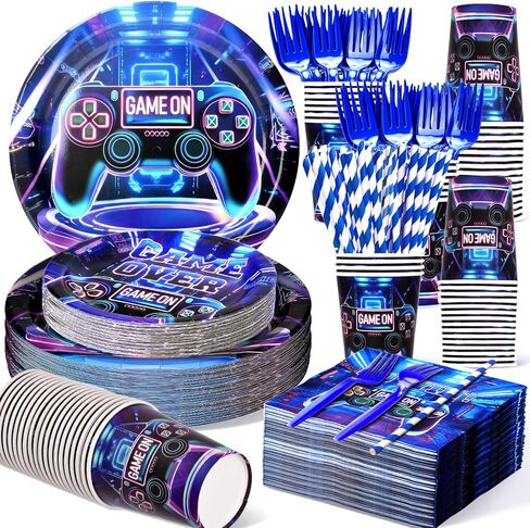 300 Pcs Video Game Plates and Napkins Tableware Sets, Birthday Party Decorations, Include Plates, Cups, Straws, Forks, Napkins, Game on Birthday Decorations for Boys Which Can Serve 50 in Saudi Arabia