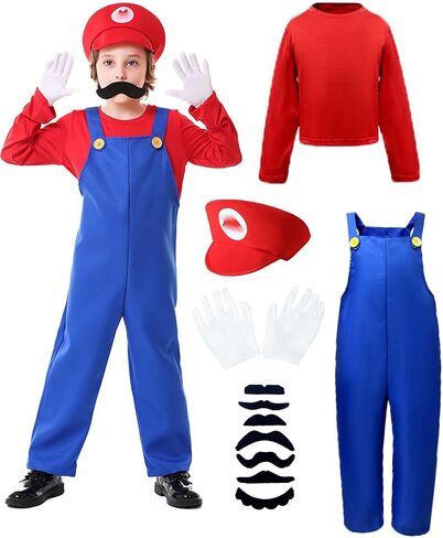 Halloween Costume Kids Plumber Jumpsuit with Hat Gloves Moustache Costume Accessories Set in Saudi Arabia