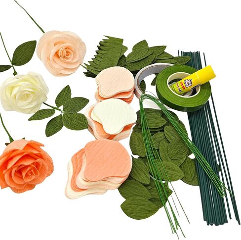 Mybbshower Peach Orange Crepe Paper Rose Kit - DIY Flower Making Supplies للورود المصنوعة يدويًا ديكورات المنزل الإبداعات الفنية in Kuwait