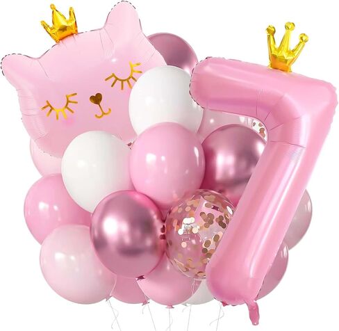 Pink Cat Number 7 Balloon, Crown Cat Birthday Decorations, Girls Birthday Party Decorations, 7 Year Old Girl Birthday Decorations (7) in Kuwait