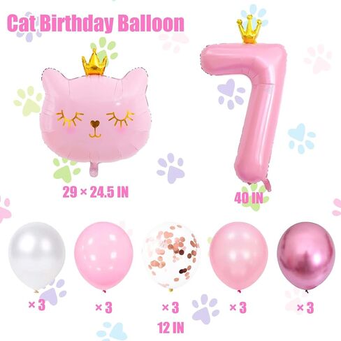 Pink Cat Number 7 Balloon, Crown Cat Birthday Decorations, Girls Birthday Party Decorations, 7 Year Old Girl Birthday Decorations (7) in Kuwait