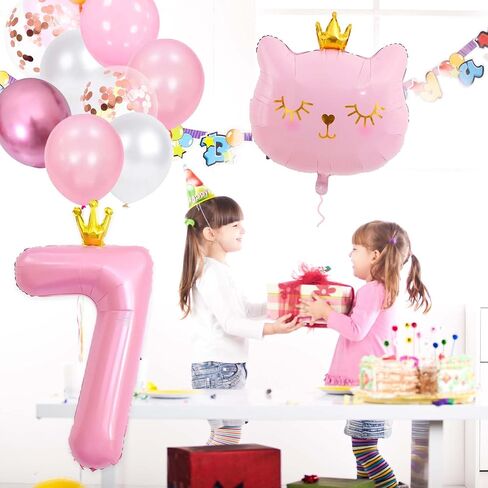 Pink Cat Number 7 Balloon, Crown Cat Birthday Decorations, Girls Birthday Party Decorations, 7 Year Old Girl Birthday Decorations (7) in Kuwait