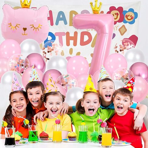 Pink Cat Number 7 Balloon, Crown Cat Birthday Decorations, Girls Birthday Party Decorations, 7 Year Old Girl Birthday Decorations (7) in Kuwait