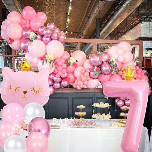 Pink Cat Number 7 Balloon, Crown Cat Birthday Decorations, Girls Birthday Party Decorations, 7 Year Old Girl Birthday Decorations (7) in Kuwait