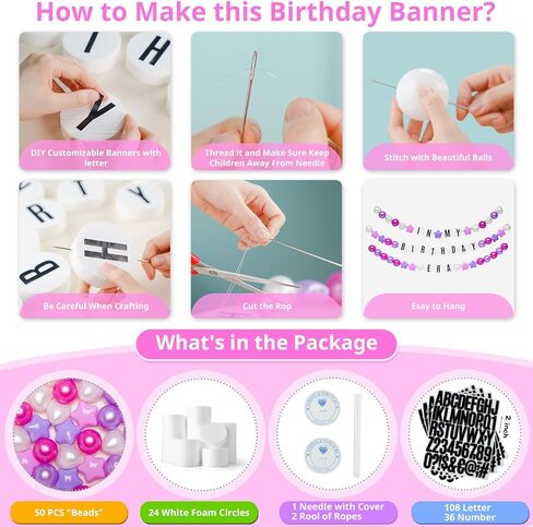 DIY Giant Friendship Bracelet Birthday Banner - Personalized Birthday Banner Garland, Decor Knit with Foam Circles & 50 Plastic Ball Pit Balls for Themed Party (Green Purple) in Kuwait