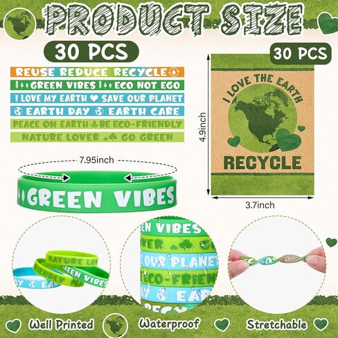 30 مجموعات/ 60 PCS Earth Day Wristbands with Love the Earth Cards Party Party Favors Recycleds for School Scarram in Kuwait