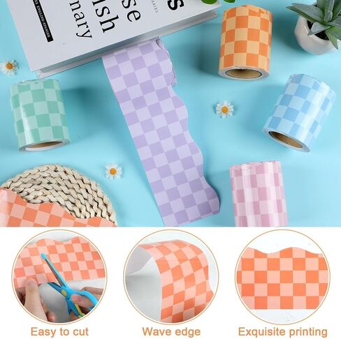 196ft Hippie Groovy Bulletin Board Borders 6 Rolls Retro Pink Blue Orange Purple Green Checked Classroom Spring Bulletin Board Decorations for Back to School Party Office Chalkboard Decor Supplies in Saudi Arabia