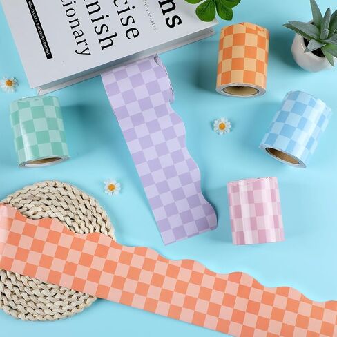 196ft Hippie Groovy Bulletin Board Borders 6 Rolls Retro Pink Blue Orange Purple Green Checked Classroom Spring Bulletin Board Decorations for Back to School Party Office Chalkboard Decor Supplies in Saudi Arabia