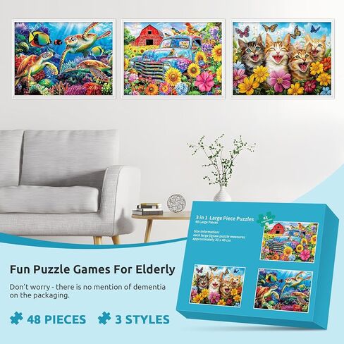 3 حزم 48 لغزًا كبيرًا لكبار السن ، أنشطة منتجات مرض الزهايمر للبالغين من كبار السن ، ألعاب الزهايمر للألعاب المعرفية سهلة الهدايا اللغز مع 3 أكياس تخزين in Kuwait