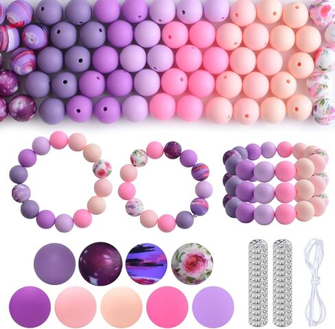 Colorful Silicone Beads Set,100Pcs Pink Purple Bulk Silicone Beads Round Focal Beads for Pen Necklace Keychain Bracelets Craft Making in Kuwait