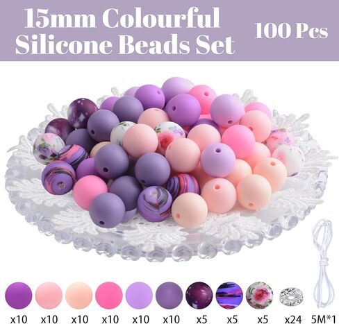 Colorful Silicone Beads Set,100Pcs Pink Purple Bulk Silicone Beads Round Focal Beads for Pen Necklace Keychain Bracelets Craft Making in Kuwait