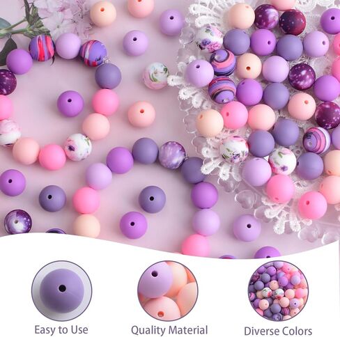 Colorful Silicone Beads Set,100Pcs Pink Purple Bulk Silicone Beads Round Focal Beads for Pen Necklace Keychain Bracelets Craft Making in Kuwait