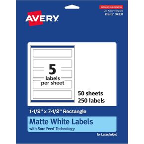 Avery Matte White Rectangle Labels with Sure Feed, 1.5" x 7.5", 125 Matte White Printable Labels
