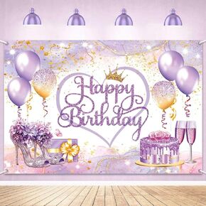 7x5ft Purple Gold Happy Birthday Backdrop Banner Pink and Purple Happy Birthday Sign Party Decorations for Women Girls Glitter Balloons Wall Banner Photography Background