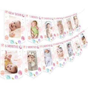 Space 1st Birthday Photo Banner, Solar System Planet First Trip Around the Sun Birthday Decoration - Pink Monthly Milestones Garland for Newborn to 12 Month Baby Girl