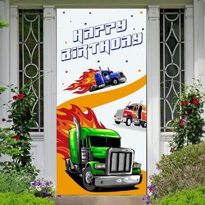 Heavy Duty Trucks Happy Birthday Banner Backdrop Big Truck Photo Booth Front Door Decor Cartoon Semi Truck Transportation Theme Decor for Kids Birthday Party Supplies 35.4x72.8in-BECKTEN