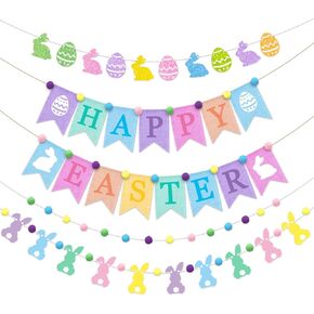 5Pcs Happy Easter Burlap Banner Bunny Paper Banner Felt Pompom Ball Garland Glitter Rabbit Egg Hanging Ornaments for Spring Egg Hunt Party Backdrop Inside Outside Supplies