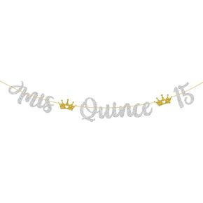 WeBenison Mis Quince 15 Banner / 15 Years Old Birthday Banner/Mis Quince Años Sign/Teenager 15th Birthday Party Decoration Supplies - Silver Glitter