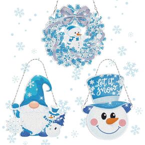 Sintuff 3 Pcs Winter Diamond Painting Wreath Hanging Sign Set Gnome Snowman Diamond Art Hanging Wall Art DIY 5D Crystal Rhinestone Wreath Kits for Winter Christmas Wall Door Window Decorations