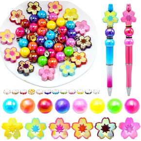 BROVITI 92Pcs Colorful Focal Beads for Beadable Pens Cherry Blossom Beads Round Acrylic Beads Space Beads for DIY Bead Pens Bracelet Necklace Earrings Keychain Jewelry Making Supplies, XH-539