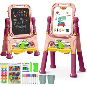 Art Easel for Kids with Magnetic Drawing Board, Double Sided with Magnetic Letters & Numbers, Adjustable Standing Easel for Toddler, Creative Play (Pink)