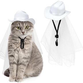 Geyoga Pet Bride Cowboy Hat with Veil Dog Cat Cowboy Costume Hat Mini Bridal Hat for Pet Dog Cat Wedding Cosplay Bachelorette Party Decoration(S)