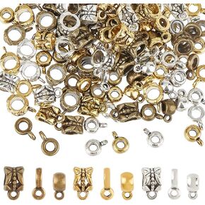 SUNNYCLUE 1 Box 180Pcs 9 Styles Bail Tube Bead Links Slide Charm Loop Hanger Dangle Antique Tibetan Silver Golden Connector Column Bead for European Charms Bracelet Necklace Jewelry Making