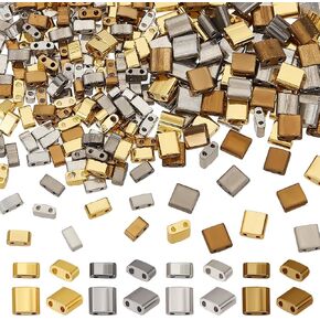 PH PandaHall 320pcs 4 Colors Metallic 2-Hole Seed Beads, Opaque Glass Spacer Beads 160pcs Tila Beads 160pcs Half Tila Beads Flat Rectangular Square Beads for Bracelet Necklace Earring Jewelry Making