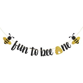 Black Glitter Fun to Bee One Banner - Bee Theme 1st Birthday Party Decorations for Boys Girls - Happy Bee Day Birthday Party Decors Banner, Baby Shower/One Year Old Birthday Party Supplies