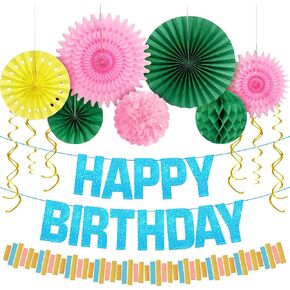 KatchOn, Happy Birthday Decorations Set - Pack of 16 | Blue Happy Birthday Banner with Birthday Honeycombs, Hanging Swirls | Rainbow Birthday Party Decorations | Colorful Birthday Party Decorations