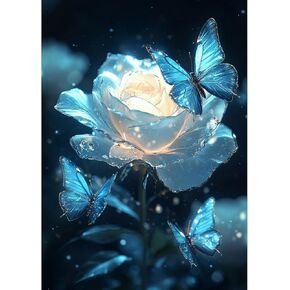 MXJSUA Blue Roses Diamond Painting Kits for Adults, 5D Blue Butterflies Diamond Art Kits for Beginners, DIY Full Drill Crystal Gem Painting Kits for Home Wall Decor 12x16 Inch