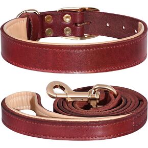 PET ARTIST Genuine Leather Dog Collar and Leash Set, Soft Padded with Metal Buckle, Strong, Cozy, Luxurious Collar for Medium & Large Dogs, Red L