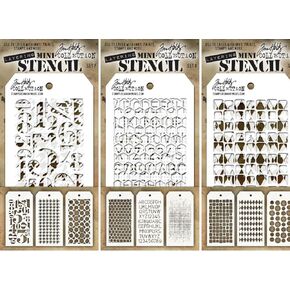 Tim Holtz - Nine Mini Layering Stencils - Numeric, Houndstooth, Rings, Honeycomb, Schoolhouse, Dot Fade, Tiles, Harlequin and Splotches - aka sets 7, 8 & 9