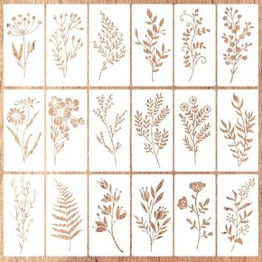 18pcs Wildflower Stencils for Painting, Leaves and Flower Stencil Reusable Botanical Floral Drawing Templates for Wood Craft Canvas Wall Art Furniture Decor