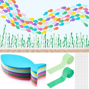 Fuutreo 182 Pcs Under The Sea Party Decorations 180 Pcs Colorful Fish Cutouts Fish Shaped Paper with 2 Rolls Crepe Paper Streamers for Bulletin Board Ocean Birthday Party Classroom Home Decor