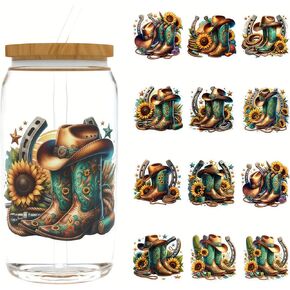 4pcs Western Cowboy Boots Style UV DTF Cup Wraps Winter DTF Transfer Transfer Transfer Faterproof Fature for Glass Cups Craft DIY ， فرك على ملصقات النقل لمياه ماء زجاجة محمول.