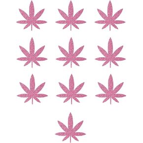 10 Marijuana Pot Leaf Iron On Decals, Cannabis Leaf Heat Transfers, Mini 1x1 inch Weed Decal (Pink Glitter)